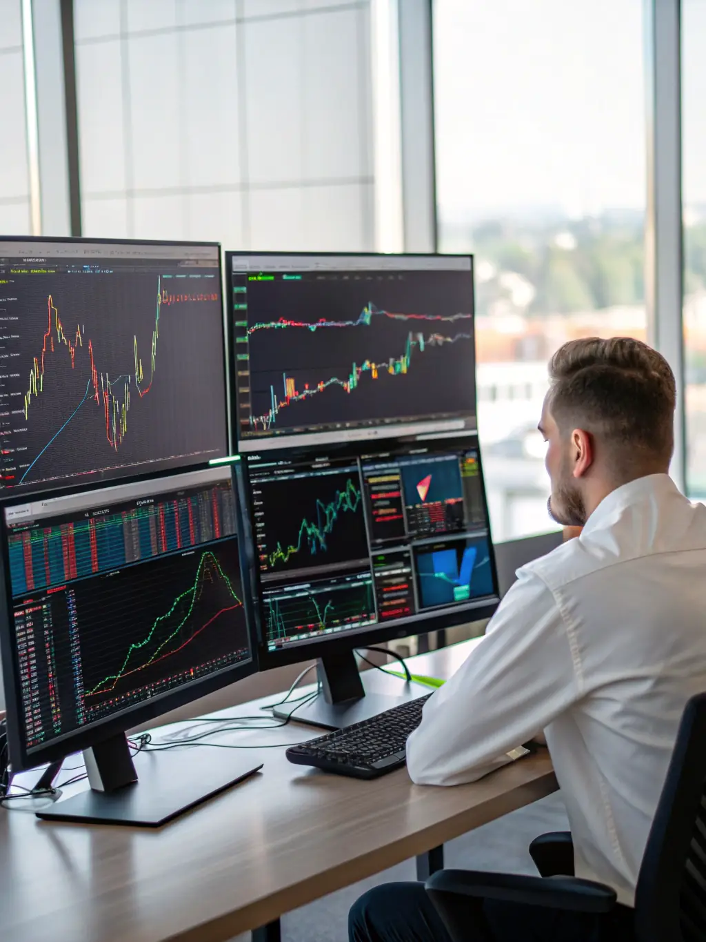 A professional trader analyzing real-time market data on a Tradeengine.ai dashboard, showcasing improved decision-making.