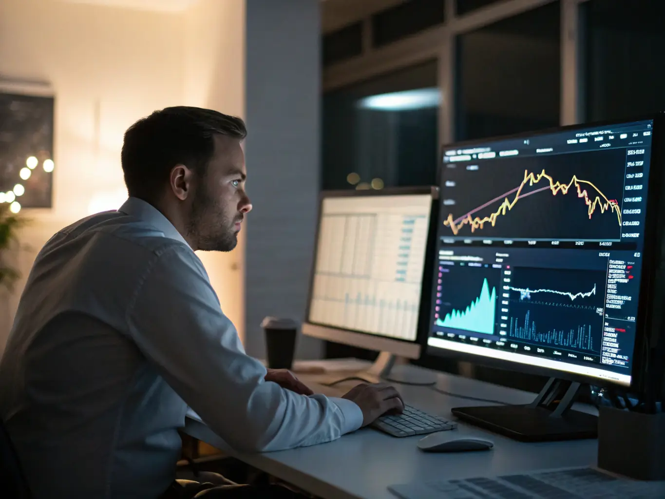 An image depicting a financial analyst using TradeEngine.AI to analyze market trends and make informed trading decisions, showcasing the platform's real-time data visualization capabilities.