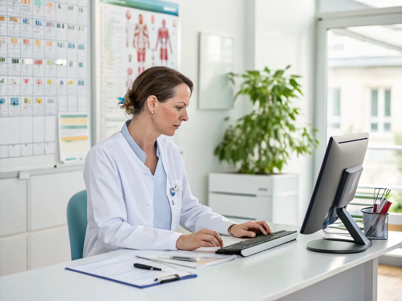 A healthcare administrator using Tradeengine.ai to analyze patient data, optimize resource allocation, and improve healthcare outcomes, with medical charts and dashboards in the background.