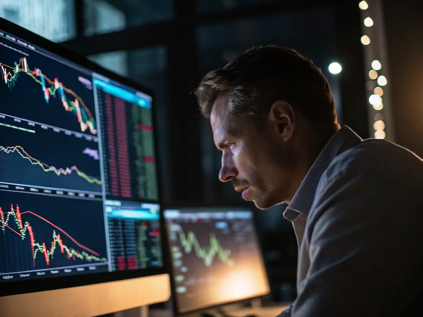A financial analyst using Tradeengine.ai to analyze market trends and make informed trading decisions, with charts and data visualizations in the background.
