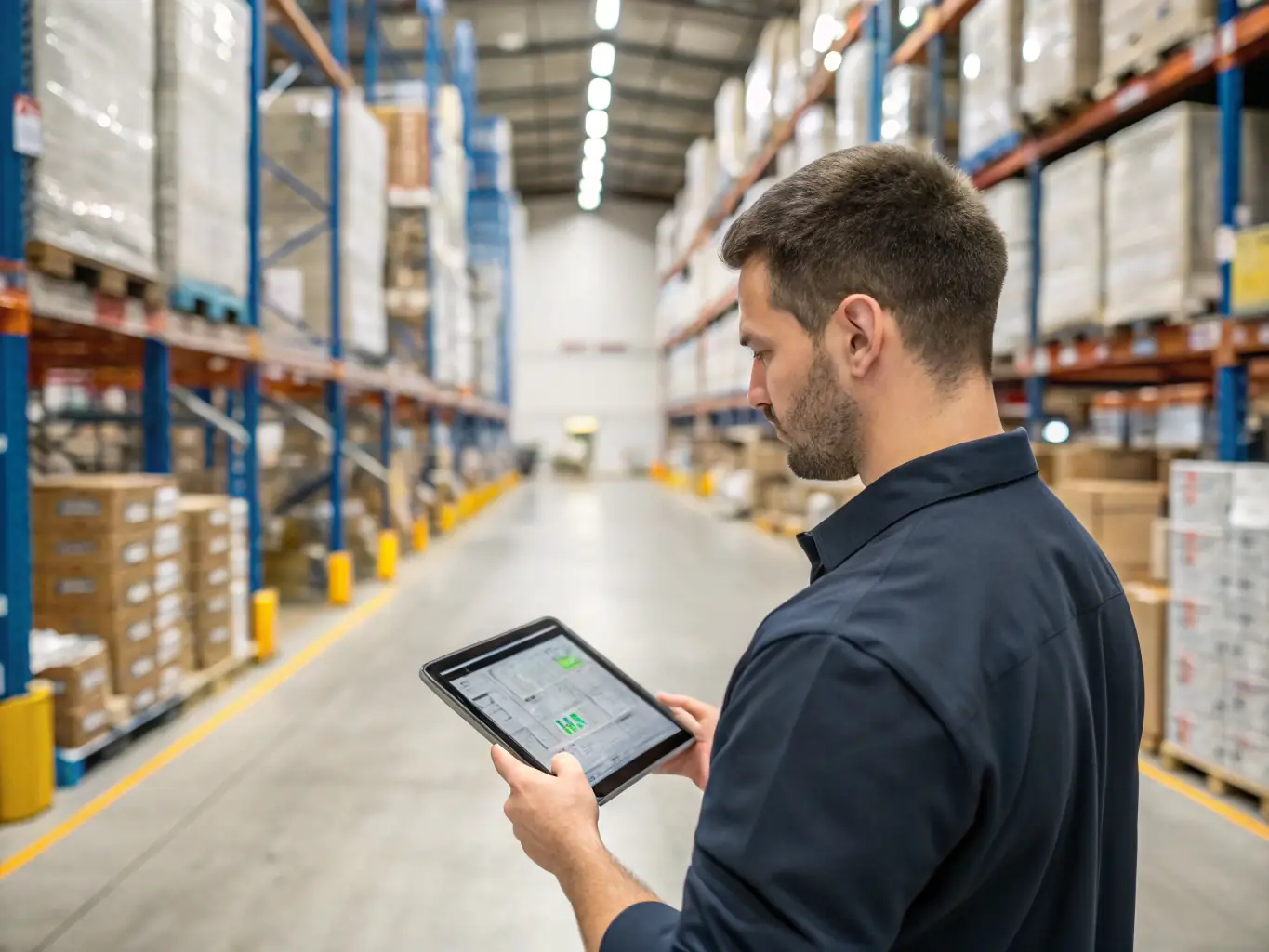 A supply chain manager using Tradeengine.ai to track shipments, manage inventory, and optimize logistics operations, with a map of global trade routes in the background.